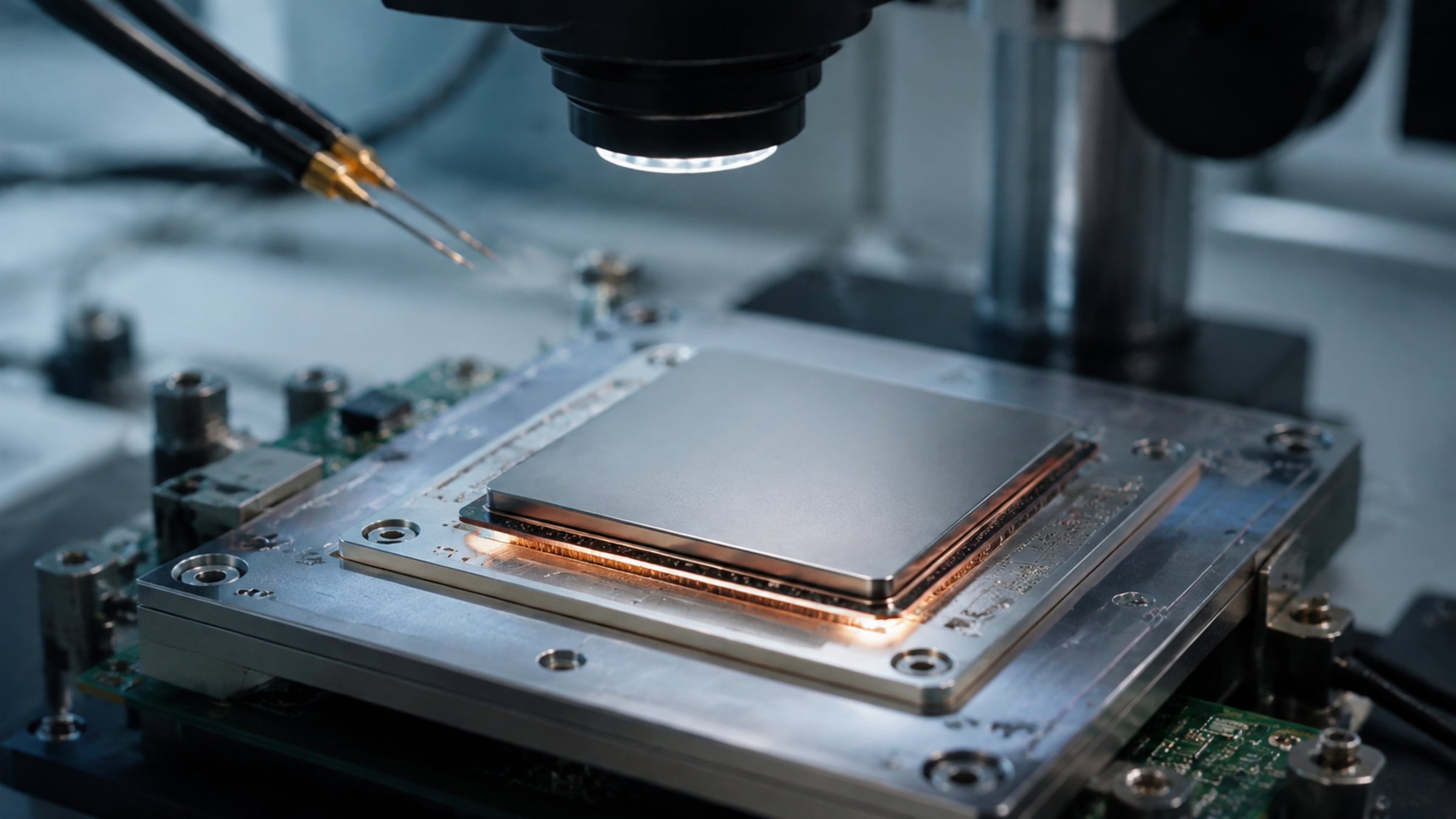 Macro view of a silicon accelerator package producing concentrated heat.