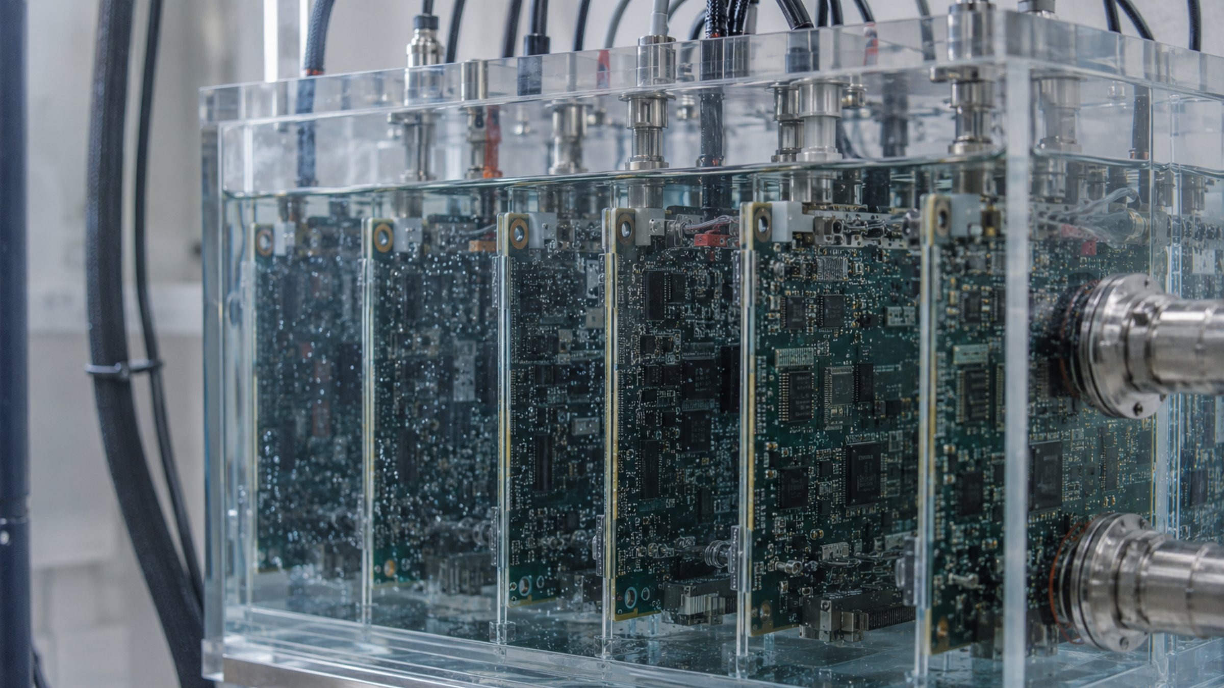 Compute hardware immersed in a controlled single-phase dielectric-fluid environment.