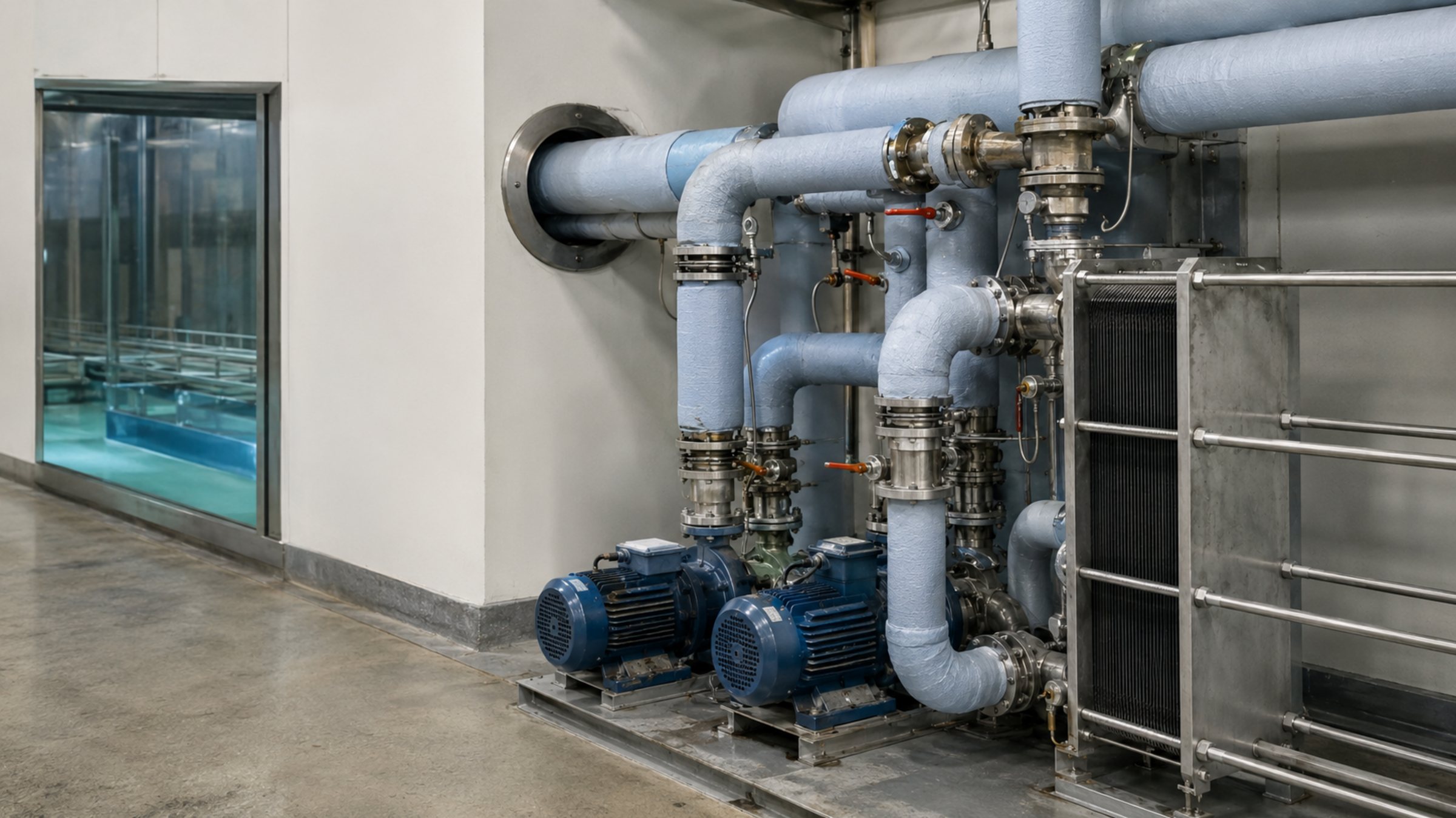 Insulated pipes, pumps and stainless interfaces carrying heat away from a pod.