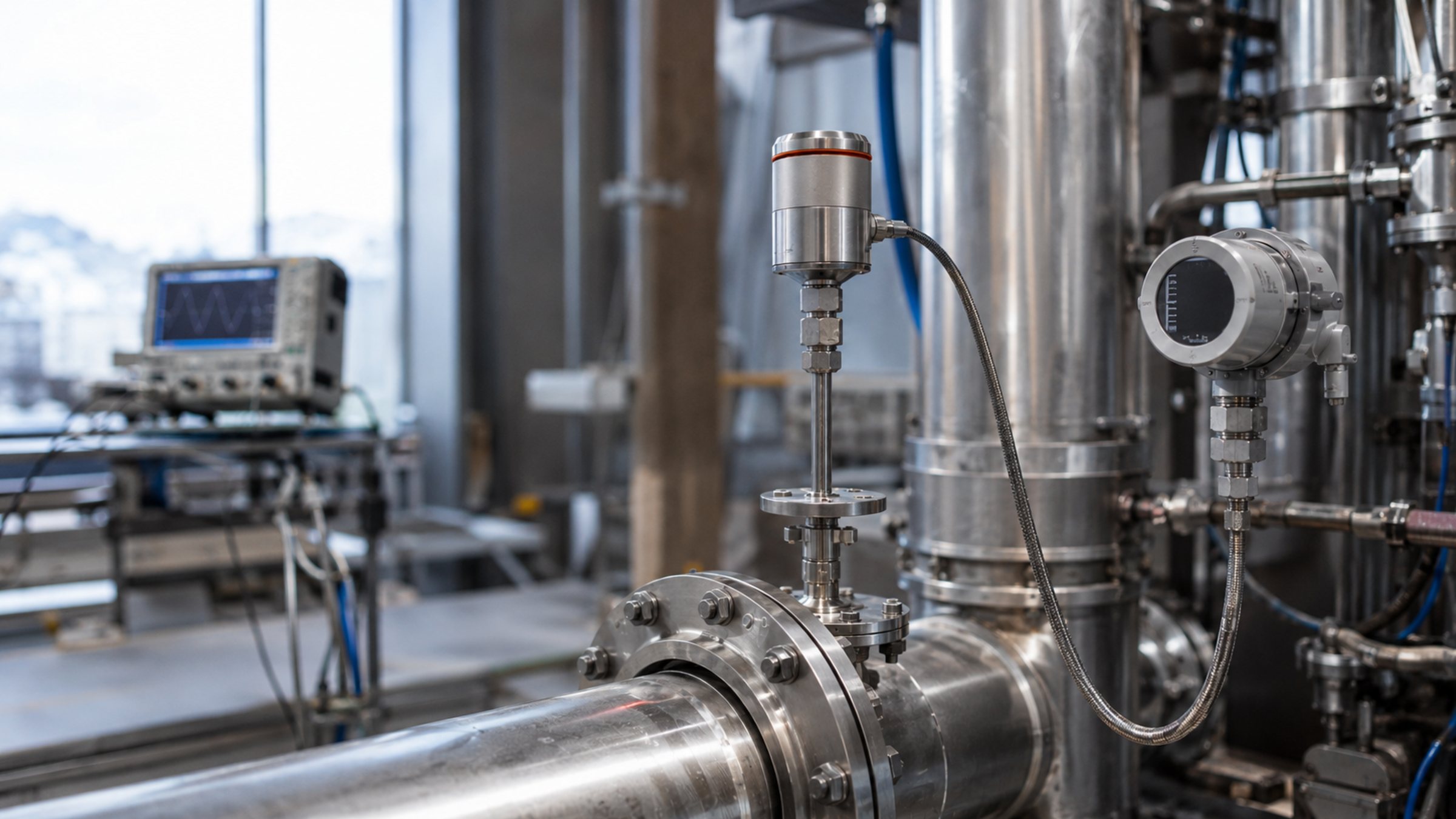 Temperature, pressure and flow sensors mounted on a stainless thermal loop.