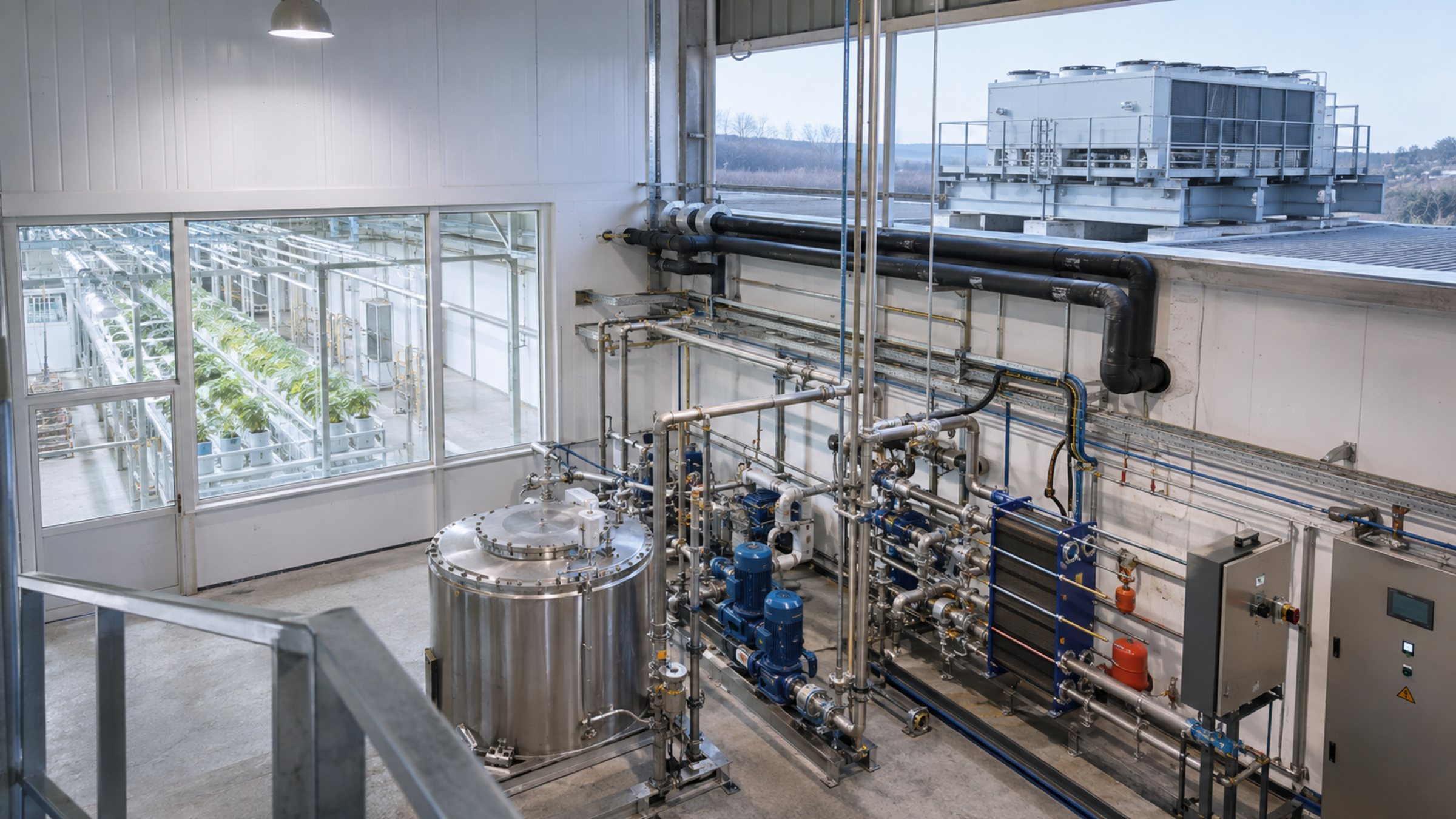 Thermal-engineering test hall with an immersion vessel, secondary loop, dry cooler and adjacent greenhouse.
