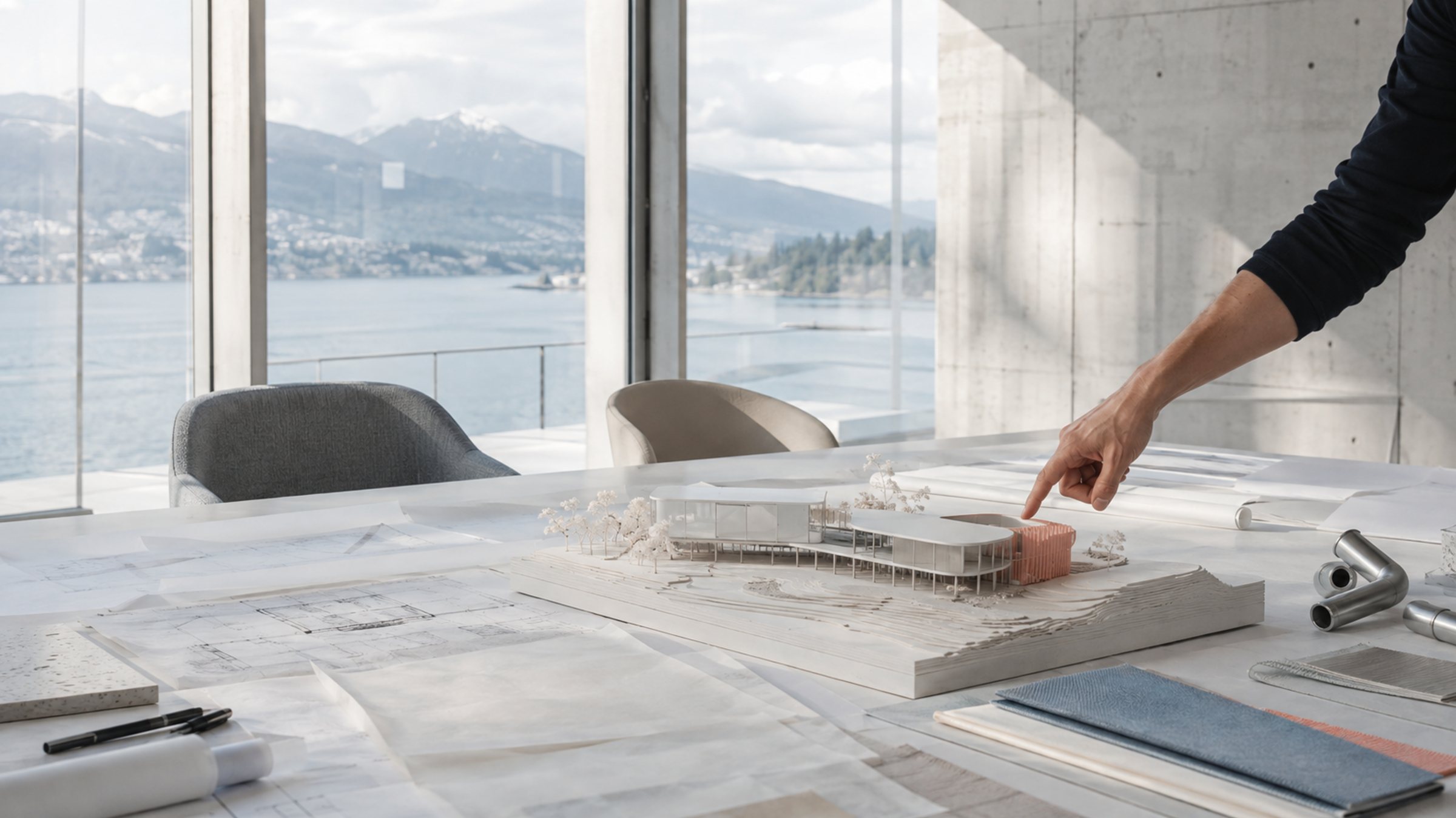Plans, site photographs and infrastructure samples on a light-filled architecture-review table.