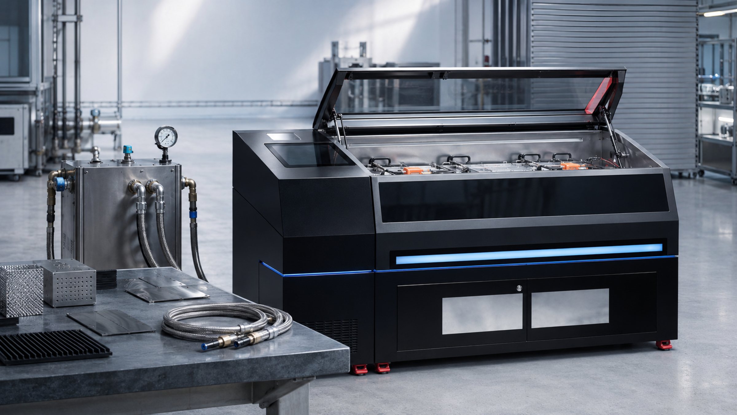 CoralDC immersion-cooling pod with restrained thermal-fluid interface cues.