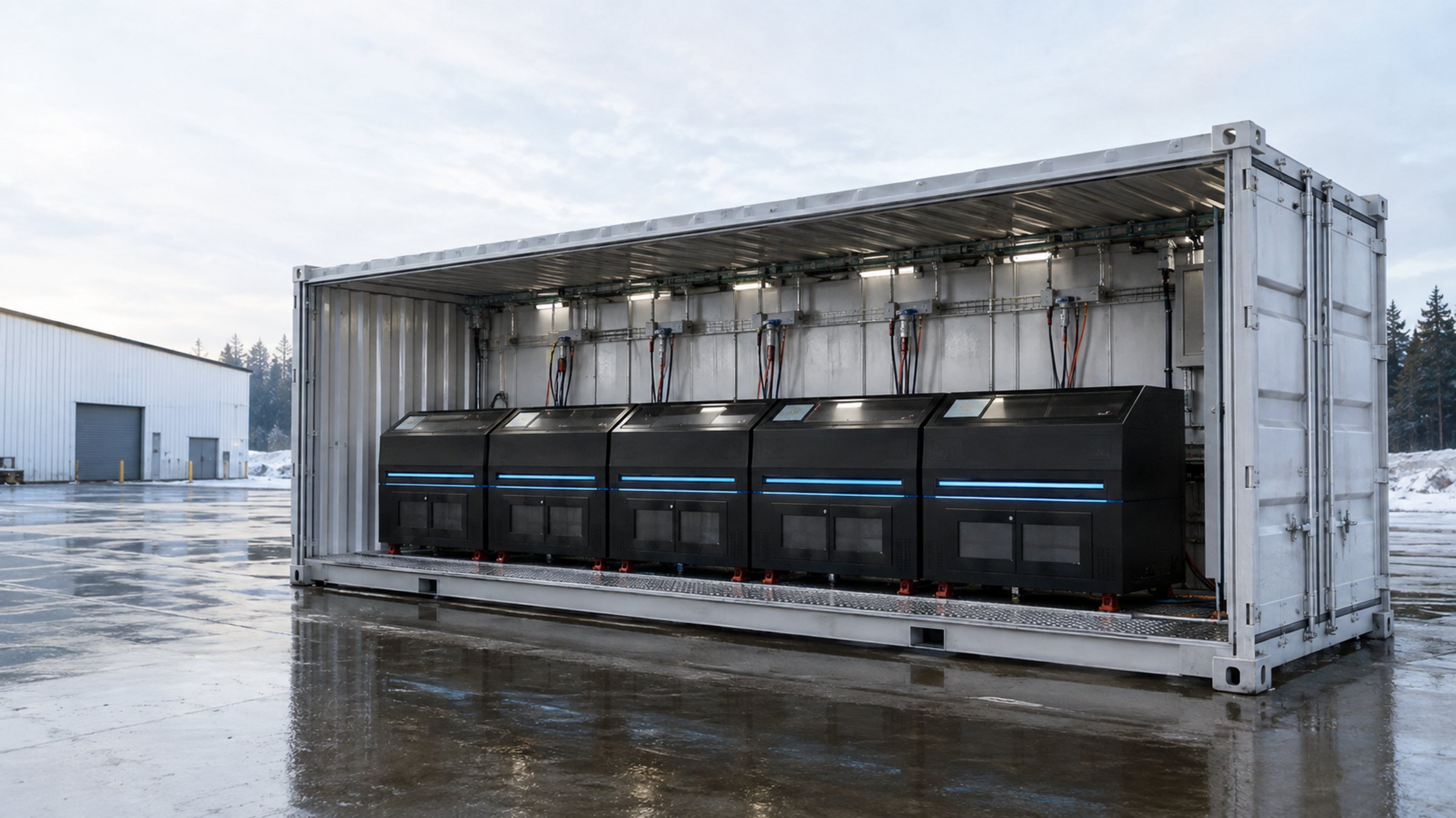 Architectural concept of a 53-foot high-cube container housing five CoralDC immersion-cooling tanks.