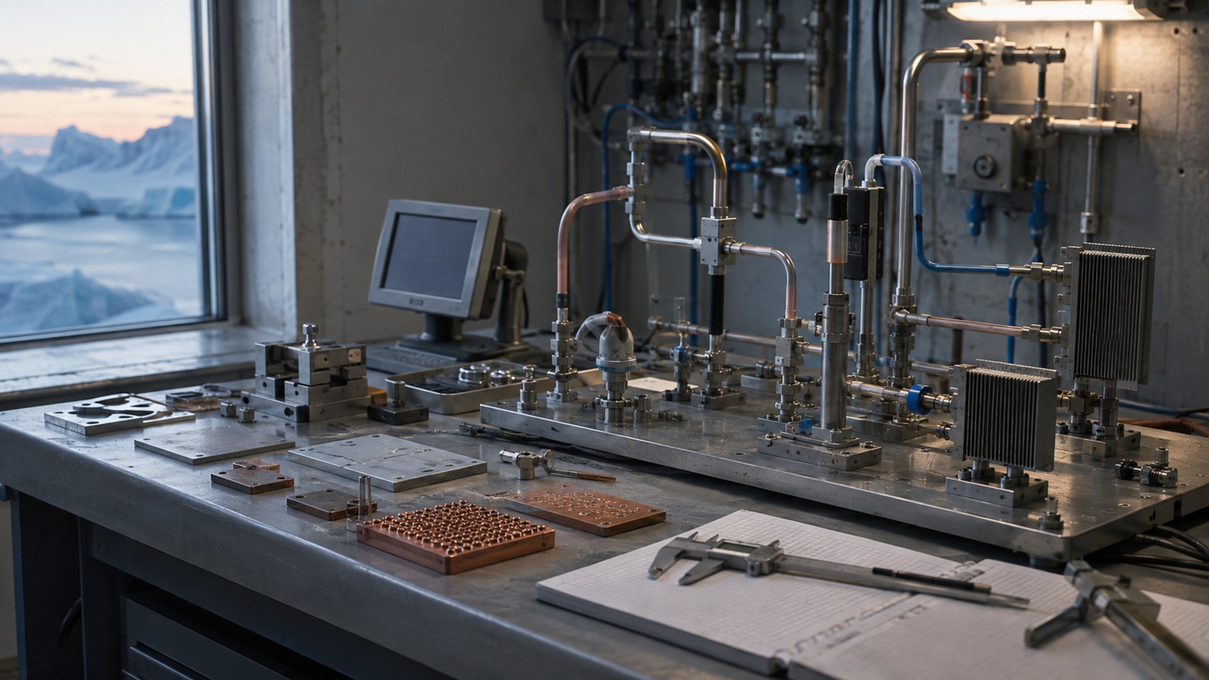 Research workbench with branching thermal, power and materials experiments.