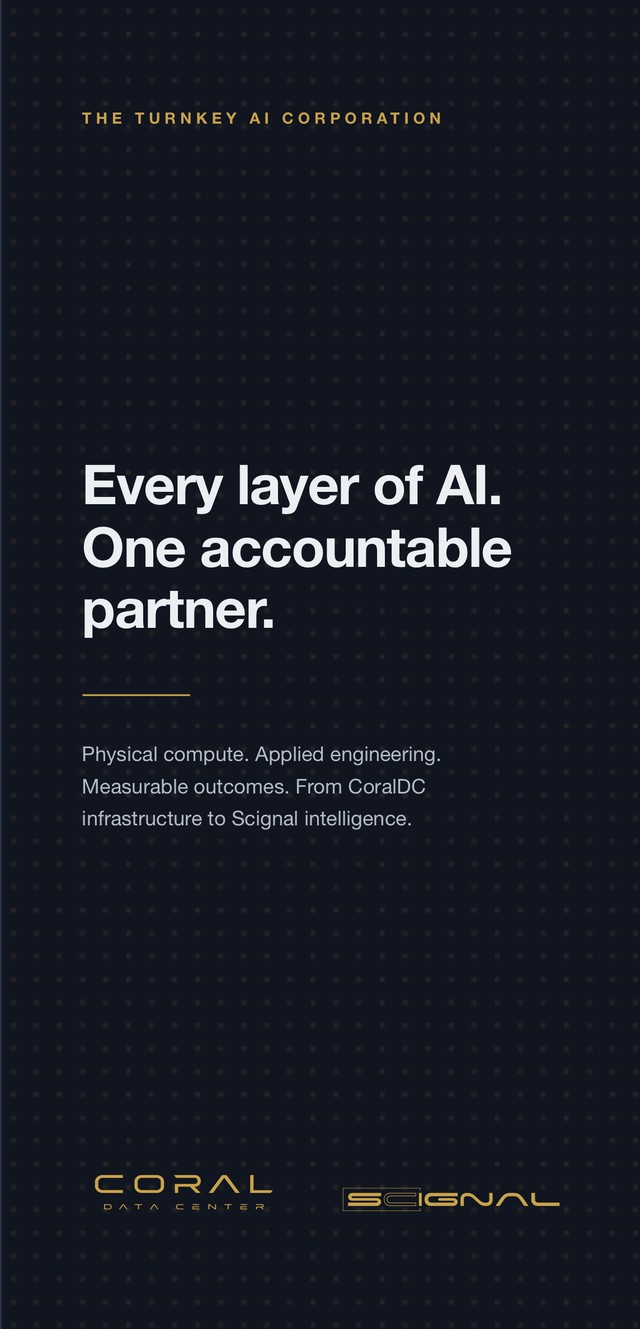 Cover of the Scignal and Coral Data Center Turnkey AI brochure, reading "Every layer of AI. One accountable partner."